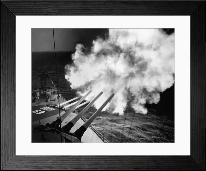 Framed Print : The USS Missouri fires 16-inch shell into enemy lines at Hungnam. It's 16-inch 3-gun salvo helped hold of Chinese troops of from Hungnam. Dec. 26, 1950. Korean War, 1950-53