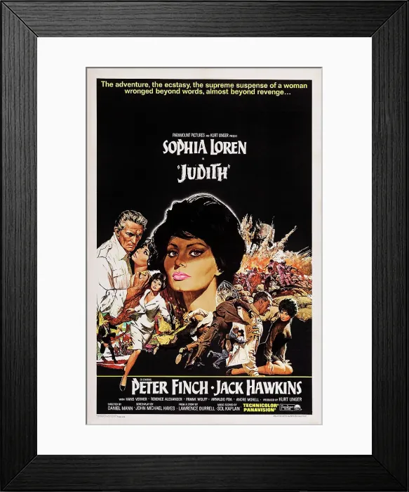 Framed Print : JUDITH, US poster art, Sophia Loren, left: Peter Finch; second left, center and bottom right: Sophia Loren, 1966 Framed Print : JUDITH, US poster art, Sophia Loren, left: Peter Finch; second left, center and bottom right: Sophia Loren, 1966