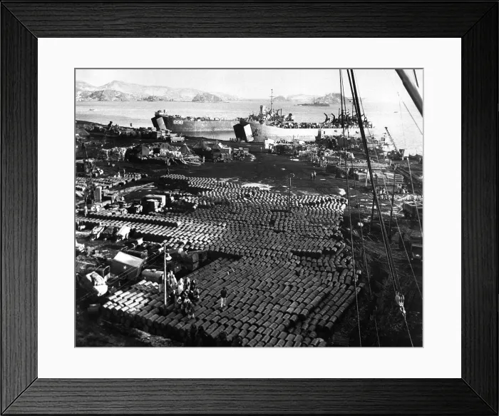 Framed Print : UN forces supplies and equipment to be evacuated from Hungnam, Korea. Supplies that could not be removed were destroyed to prevent their use by Chinese army. Dec. 11, 1950 Framed Print : UN forces supplies and equipment to be evacuated from Hungnam, Korea. Supplies that could not be removed were destroyed to prevent their use by Chinese army. Dec. 11, 1950