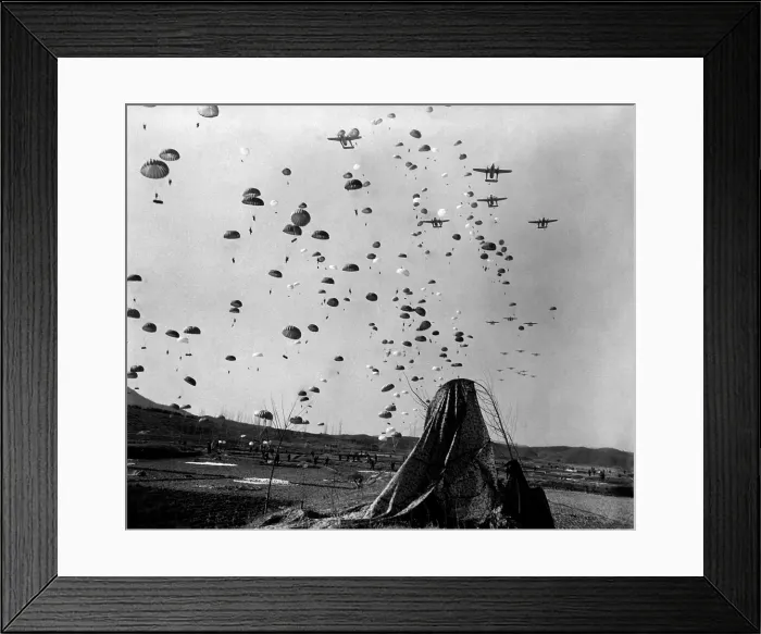 Framed Print : U.S. paratroopers jumped from C-119's to cut off retreating enemy units south of Munsan, Korea. However, Chinese and North Korean troops had already retreated north