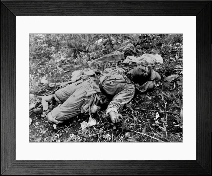 Framed Print : Chinese soldier, killed by air support of U.S. Marines during attack on Hill 1051. May 23, 1951 on Kari San Mountain, during the Korean War. (BSLOC_2014_11_111) Framed Print : Chinese soldier, killed by air support of U.S. Marines during attack on Hill 1051. May 23, 1951 on Kari San Mountain, during the Korean War. (BSLOC_2014_11_111)