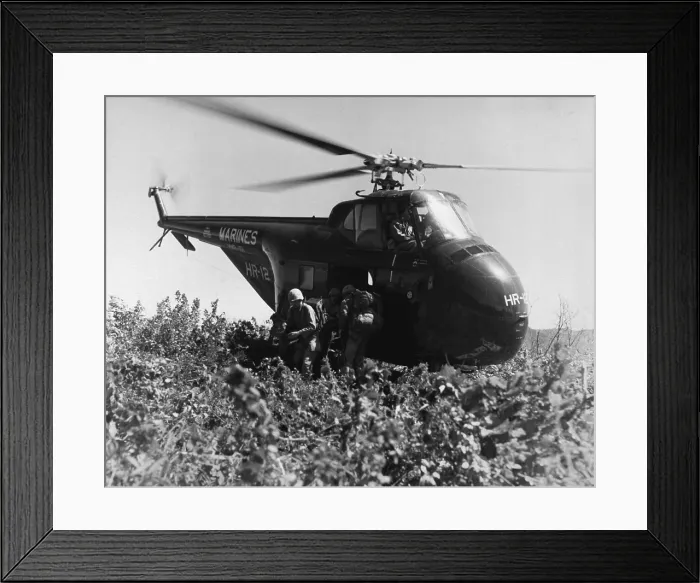 Framed Print : U. S. Marines make a helicopter invasion on Hill 812, to relieve the ROK (Republic of Korea) Eighth Division. Sept. 20, 1951