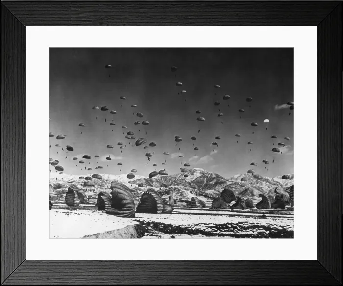 Framed Print : Men and equipment being parachuted to earth in an operation conducted by United Nations airborne units. Ca. 1951. Korean War, 1950-53. (BSLOC_2014_11_116) Framed Print : Men and equipment being parachuted to earth in an operation conducted by United Nations airborne units. Ca. 1951. Korean War, 1950-53. (BSLOC_2014_11_116)