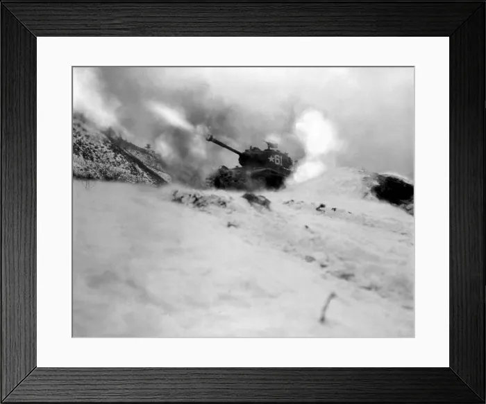 Framed Print : M46 tank of 6th Tank Battalion fires on enemy positions in support of the infantry near Song Sil-li, Korea Framed Print : M46 tank of 6th Tank Battalion fires on enemy positions in support of the infantry near Song Sil-li, Korea