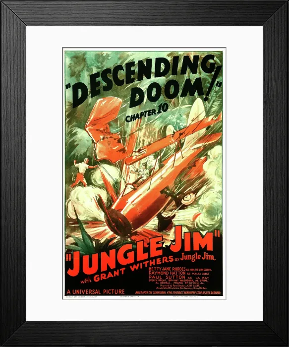 Framed Print : JUNGLE JIM, US poster art, chapter 10: Descending Doom, 1937 Framed Print : JUNGLE JIM, US poster art, chapter 10: Descending Doom, 1937