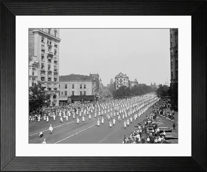 Framed Print : Columns of Ku Klux Klansmen march down Pennsylvania Avenue on August 8, 1925. They were among the 25, 000 to 35, 000 who marched unmasked in Washington, D.C. (BSLOC_2015_16_180)