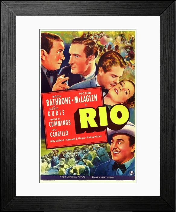Framed Print : RIO, US poster art, clockwise from top left: Victor McLaglen, Basil Rathbone, Robert Cummings, Sigrid Gurie, Leo Carrillo, 1939 Framed Print : RIO, US poster art, clockwise from top left: Victor McLaglen, Basil Rathbone, Robert Cummings, Sigrid Gurie, Leo Carrillo, 1939