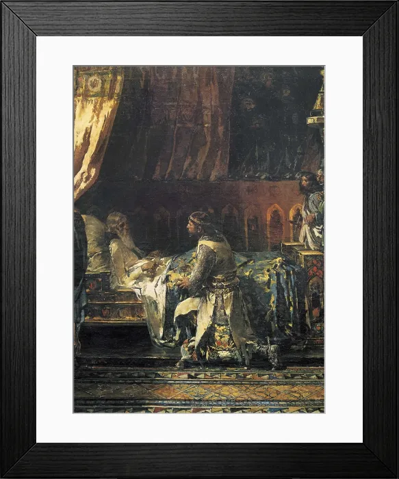 Framed Print : PINAZO CAMARLENCH, Ignacio (1849-1916). Last Moments of King James I. 1887. SPAIN. Valencia. Generalitat Palace. Pedro II 'the Great' at the feet of Jaime I's bed Framed Print : PINAZO CAMARLENCH, Ignacio (1849-1916). Last Moments of King James I. 1887. SPAIN. Valencia. Generalitat Palace. Pedro II 'the Great' at the feet of Jaime I's bed