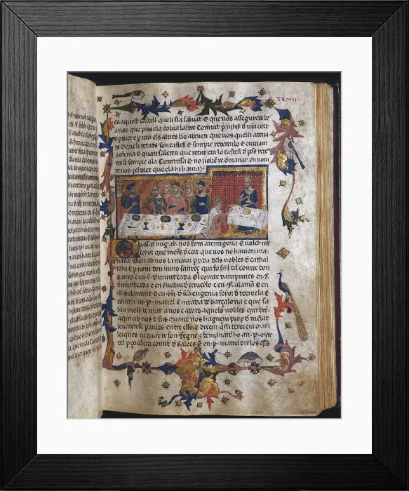 Framed Print : Llibre del Feits or Chronicle of James I the Conqueror. Folio I with the picture of the banquet of Tarragona, during which Pere Martell proposes to the king the conquest of Mallorca Framed Print : Llibre del Feits or Chronicle of James I the Conqueror. Folio I with the picture of the banquet of Tarragona, during which Pere Martell proposes to the king the conquest of Mallorca