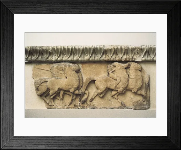 Framed Print : Pediment and frieze from the treasury of the Siphnians. ca. 525 BC. Detail of the frieze. Scene of the war between Greek and Trojan. Archaic Greek art. Relief on marble. GREECE