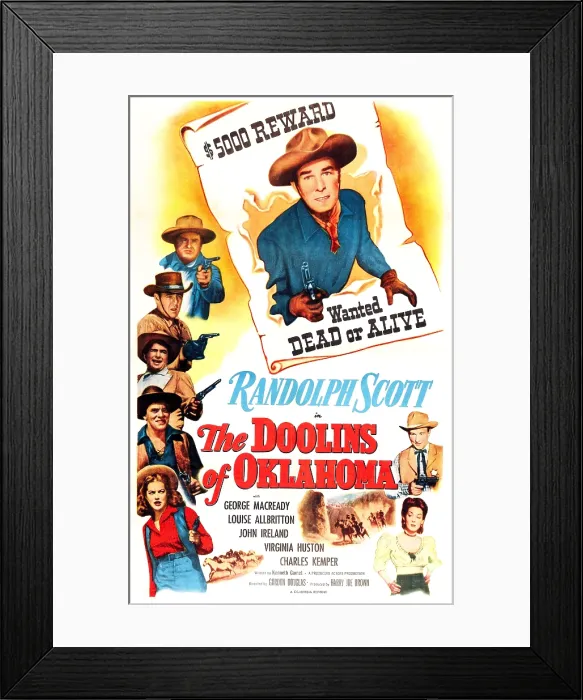 Framed Print : THE DOOLINS OF OKLAHOMA, US poster, from top: Randolph Scott, Charles Kemper, Frank Fenton, Noah Beery Jr. John Ireland, Dona Drake, Louise Allbritton, George Macready, 1949 Framed Print : THE DOOLINS OF OKLAHOMA, US poster, from top: Randolph Scott, Charles Kemper, Frank Fenton, Noah Beery Jr. John Ireland, Dona Drake, Louise Allbritton, George Macready, 1949