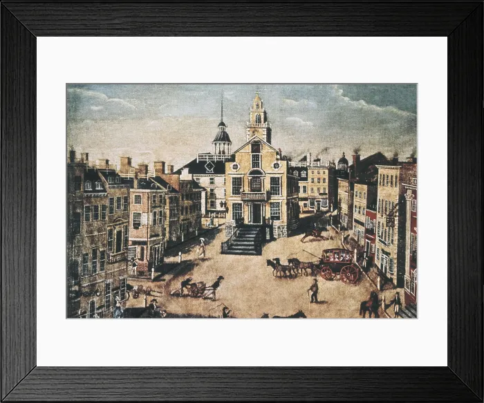 Framed Print : Boston. The city at the end of the English colonial period (c. 1768-1780). Highlightning in the square, the building of the British Cofee House