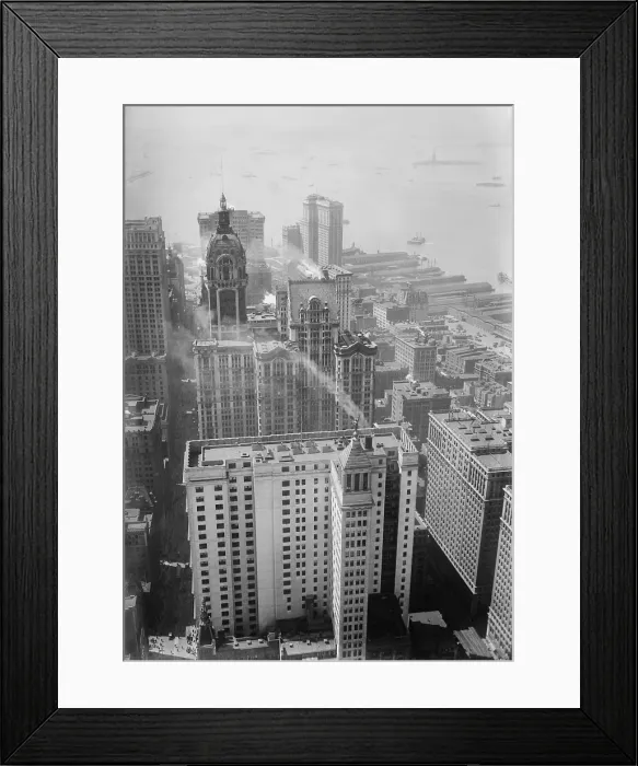 Framed Print : Curved top of the Singer Tower from the Woolworth Building in downtown Manhattan, c. 1920