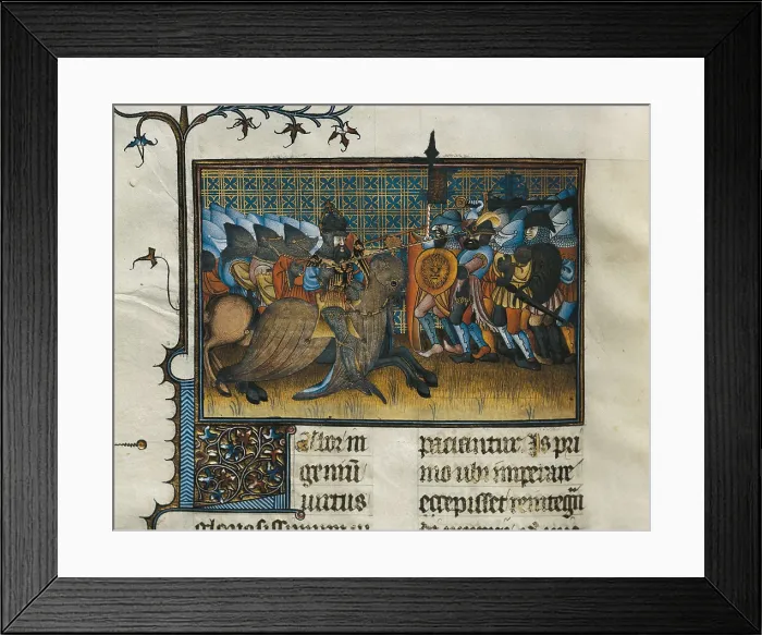 Framed Print : PETRARCH (1304-1374). 'De Viris Illustribus'. Fol. 23rv. Miniature painting with armies fighting (14th c.). Renaissance art. Trecento. Miniature Painting. SPAIN Framed Print : PETRARCH (1304-1374). 'De Viris Illustribus'. Fol. 23rv. Miniature painting with armies fighting (14th c.). Renaissance art. Trecento. Miniature Painting. SPAIN