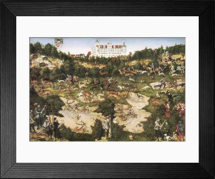 Framed Print : Cranach, Lucas, 'the Elder' (1472-1553). Hunt in Honour of Charles V at the Castle of Torgau. 1544. Wild boars hunting and deer hounging towards the water
