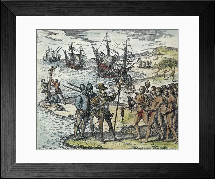Framed Print : BRY, Theodor de (1528-1598). Columbus Landing in the Indies. 1594. Columbus meets Indians in the Guanahani Island (now San Salvador) or Hispaniola. Xylography