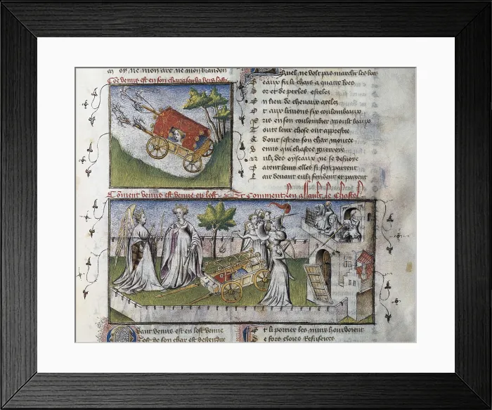 Framed Print : The Romance of the Rose. s.XIV. 'How Venus arrives and attacks the Castle built by Jealousy'. Miniature, folio 59rv. Gothic art. Miniature Painting. SPAIN. Valencia