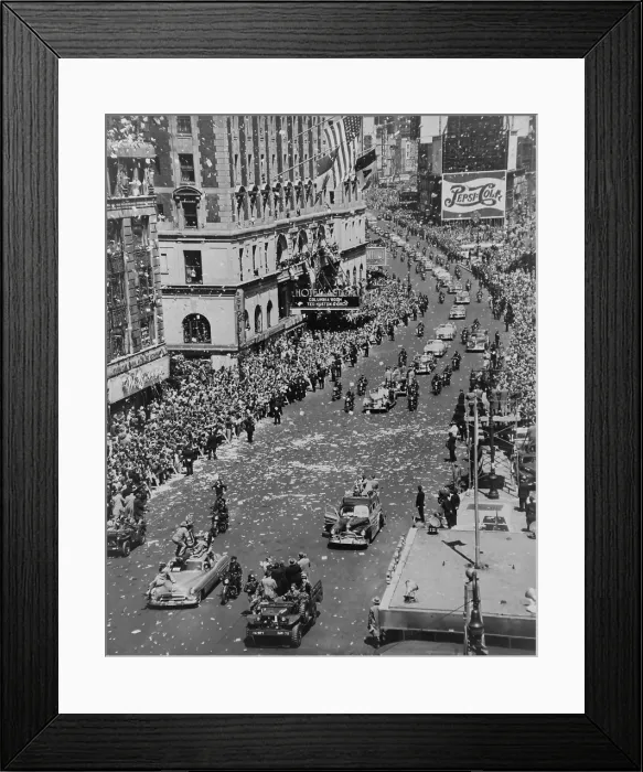 Framed Print : Press cars lead the Broadway tickertape parade for Gen. Douglas MacArthur. His open car approaches Time Square, New York City on April 20, 1951. (BSLOC_2014_11_139)