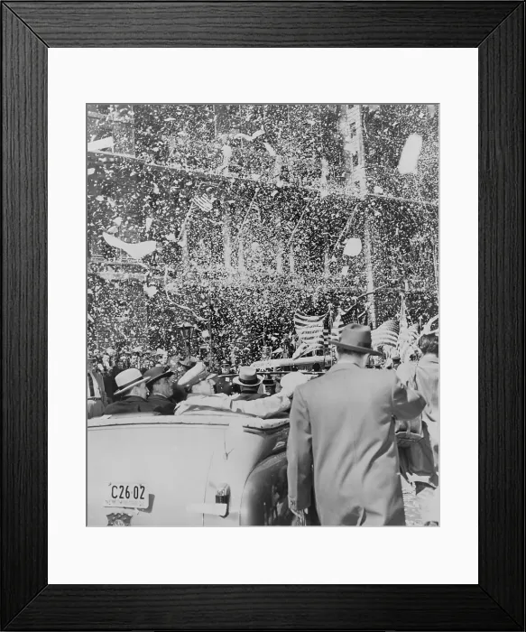 Framed Print : Gen. Douglas MacArthur sitting in the rear of an open car riding up Broadway during a ticker tape parade, New York City. April 20, 1951 Framed Print : Gen. Douglas MacArthur sitting in the rear of an open car riding up Broadway during a ticker tape parade, New York City. April 20, 1951