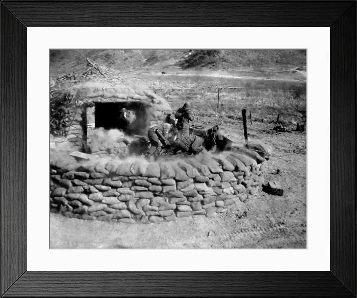 Framed Print : U.S. Soldiers of the 4.2 mortar crew, fire at an enemy position, west of Chorwon, Korea. Feb. 7, 1953. Korean War, 1950-53. (BSLOC_2014_11_124)