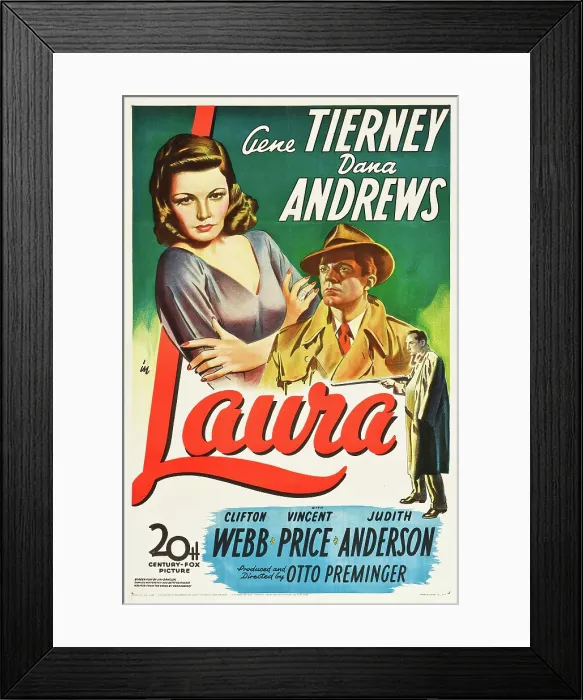 Framed Print : LAURA, l-r: Gene Tierney, Dana Andrews on poster art, 1944, TM and Copyright 20th Century Fox Film Corp. All rights reserved. / courtesy Everett Collection
