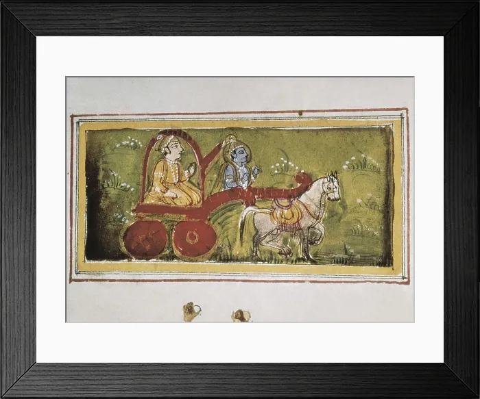 Framed Print : Scene of Mahabharata (18th c.). Arjuna on a chart led by Krishna. Hindu art. Miniature Painting. FRANCE. Paris. National Library. AISA / Everett Collection**US SALES ONLY**