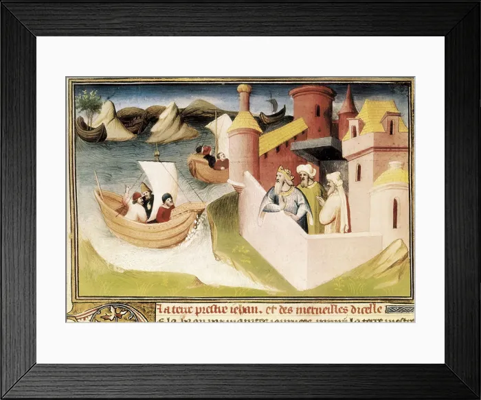 Framed Print : Polo, Marco (1254-1324). 'The Book of Wolrd Wonders', manuscript edition in French (14th c.). Ships arriving to the city of Nicaea. Gothic art. Miniature Painting Framed Print : Polo, Marco (1254-1324). 'The Book of Wolrd Wonders', manuscript edition in French (14th c.). Ships arriving to the city of Nicaea. Gothic art. Miniature Painting