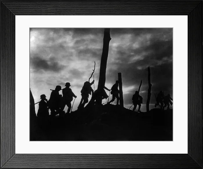 Framed Print : World War 1. Silhouette of German soldiers against a bombed out battlefield. Ca. 1916-18. (BSLOC_2013_1_1) Framed Print : World War 1. Silhouette of German soldiers against a bombed out battlefield. Ca. 1916-18. (BSLOC_2013_1_1)