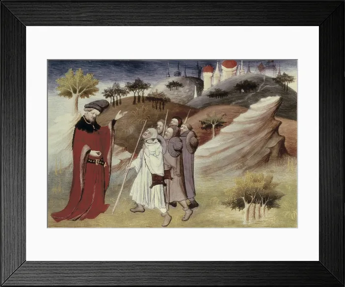 Framed Print : Polo, Marco (1254-1324). 'The Book of World Wonders', manuscript edition in French (14th c.). Pilgrims. Gothic art. Miniature Painting. FRANCE. Paris. National Library Framed Print : Polo, Marco (1254-1324). 'The Book of World Wonders', manuscript edition in French (14th c.). Pilgrims. Gothic art. Miniature Painting. FRANCE. Paris. National Library
