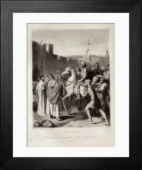 Framed Print : First Crusade. The conquest of Edessa (February 1098). Baldwin I, appealed by the Armenian prince Thoros, enters into Edessa where he's received by the Armenian clergyman Framed Print : First Crusade. The conquest of Edessa (February 1098). Baldwin I, appealed by the Armenian prince Thoros, enters into Edessa where he's received by the Armenian clergyman