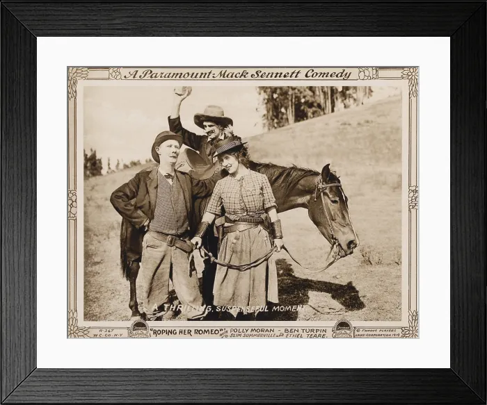 Framed Print : ROPING ROMEO, l-r: Ben Turpin, Slim Summerville, Polly Moran on lobbycard, 1917