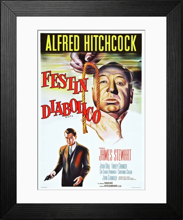 Framed Print : ROPE, (aka FESTIN DIABOLICO), top: Alfred Hitchcock, bottom: James Stewart on Argentinean poster art, 1948