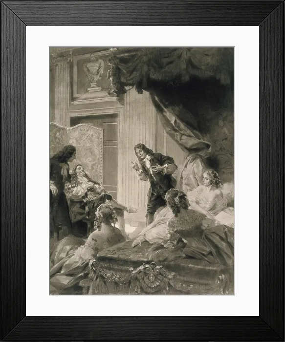 Framed Print : MOLIERE, Jean-Baptiste Poquelin, called (1622-1673). Illustration by Ren Lelong showing Molire as Boileau, Bernier, Mme. de la Sablire, Mme