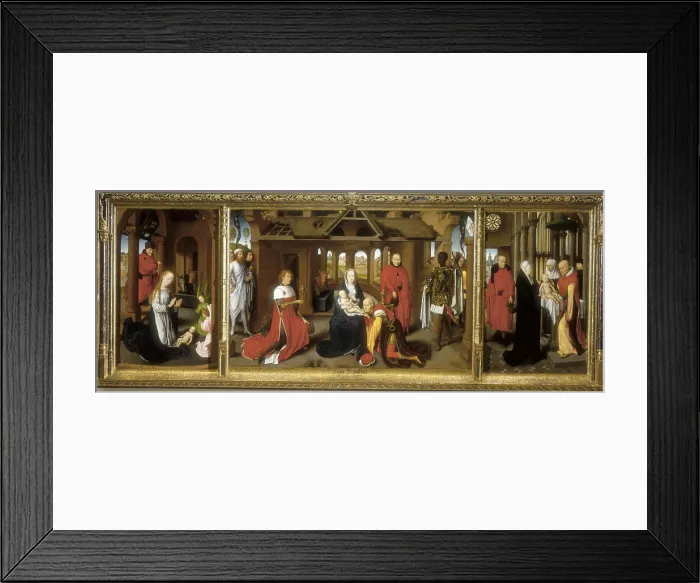 Framed Print : MEMLING, Hans (1433-1494). Triptych of the Adoration. ca. 1470. The Magi are portraits of Charles 'the Bold' and Philip 'the Good'. International gothic