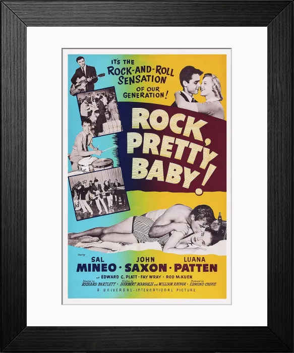 Framed Print : ROCK, PRETTY BABY, US poster art, top left: John Gavin; below on drums: Sal Mineo; top right: Sal Mineo, Susan Volkman; bottom right: John Saxon, Luana Patten, 1956