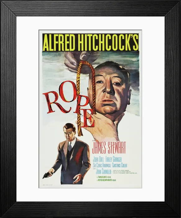 Framed Print : ROPE, US poster art, from top: director Alfred Hitchcock, James Stewart, 1948