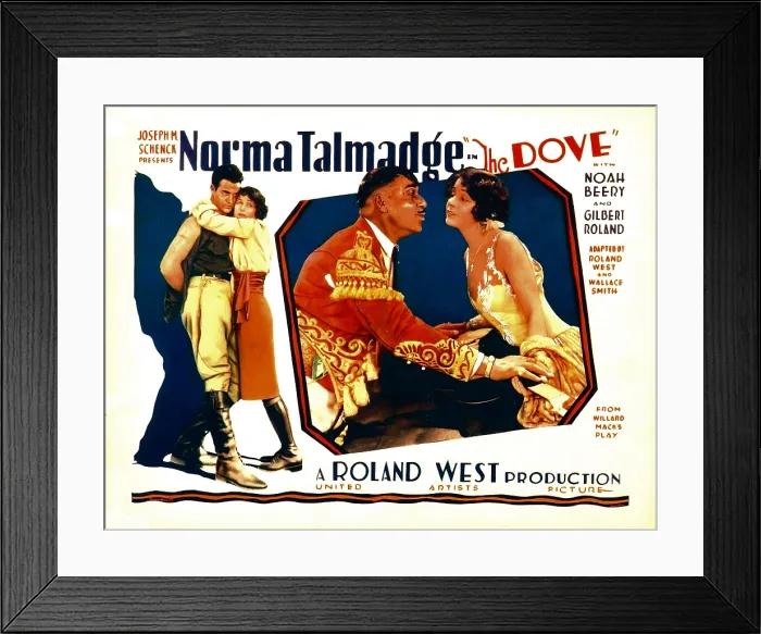 Framed Print : THE DOVE, on left border, from left: Gilbert Roland, Norma Talmadge; in poster's center, from left: Noah Beery (Sr.), Norma Talmadge, 1927