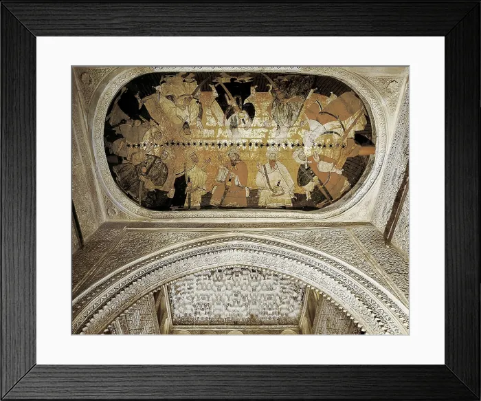 Framed Print : Alhambra. SPAIN. Granada. Alhambra. Wood cupola decorating the Hall of the Kings or Hall of Justice. Painting depicting the first ten Kings of the Nazari dynasty