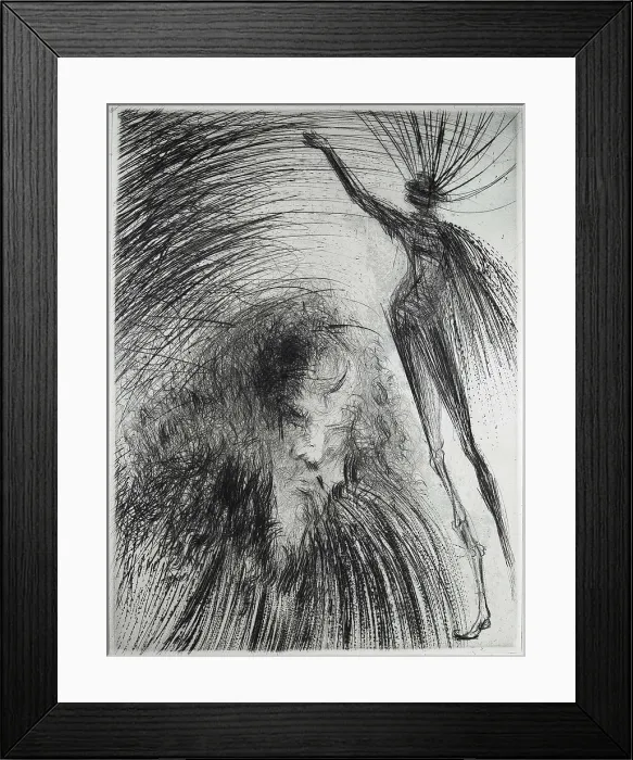 Framed Print : DALI, Salvador (1904-1989). Faust. Illustration for Johann Wolfgang von Goethe's 'Faust'. Episode of the prologue at heaven. Drypoint and roulette engraving