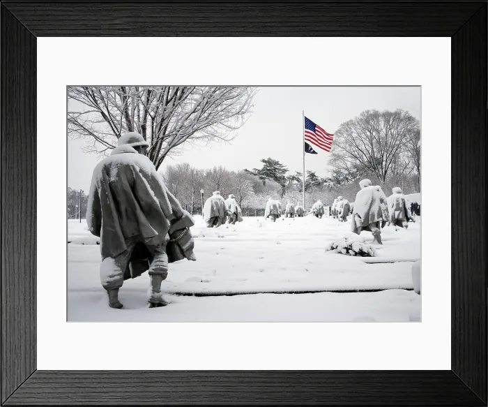 Framed Print : Korean War Veterans Memorial, Washington, D.C. The main element of the memorial is the stainless-steel sculptures of heavily dressed soldiers troopers on patrol