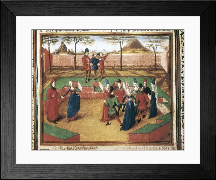 Framed Print : Roman de la Rose' (Romance of the Rose) by Jean de Meung (ca.1460). Fol.7: Medieval dance in a garden. Gothic art. Miniature Painting. FRANCE. Paris. National Library