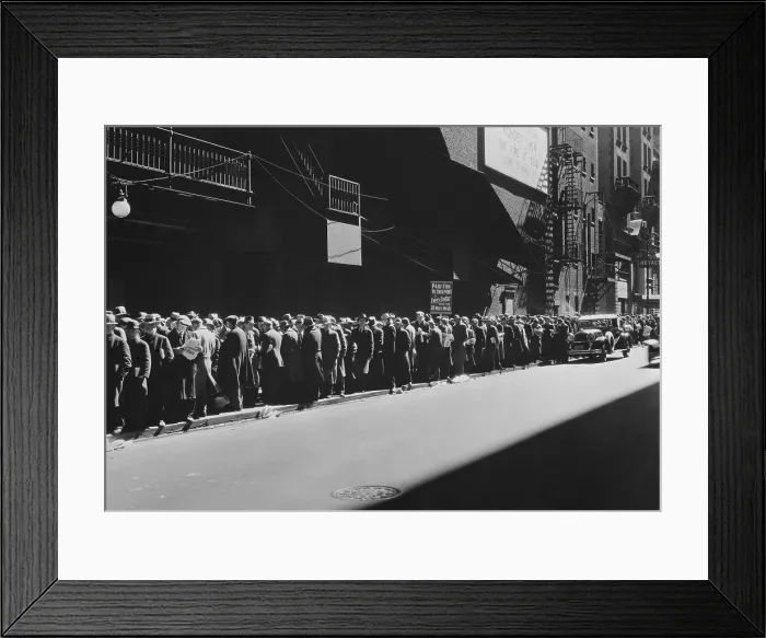 Framed Print : New York men in a bread line during the Great Depression, 1935-38. The sign read, Paid Up to this Point, Every Dollar pays for 20 More Meals