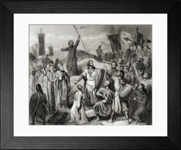 Framed Print : First Crusade. Taking of Jerusalem, 14th July 1099. Gottfried of Bouillon under control. Copy of a paintinb by Victor Schnetz (1841). Engraving. SPAIN. Barcelona