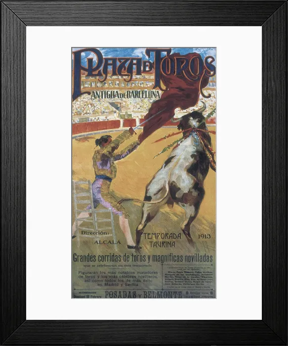Framed Print : Poster advertising the bullfighting season at the old bullring of Barcelona (1913). Painting. AISA / Everett Collection**US SALES ONLY** Framed Print : Poster advertising the bullfighting season at the old bullring of Barcelona (1913). Painting. AISA / Everett Collection**US SALES ONLY**