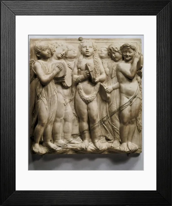 Framed Print : DELLA ROBBIA, Luca (1400-1482). Cantoria. 1431-1438. Detail of the choir singing with tambourines. Renaissance art. Quattrocento. Florentine school. Relief on marble. ITALY Framed Print : DELLA ROBBIA, Luca (1400-1482). Cantoria. 1431-1438. Detail of the choir singing with tambourines. Renaissance art. Quattrocento. Florentine school. Relief on marble. ITALY