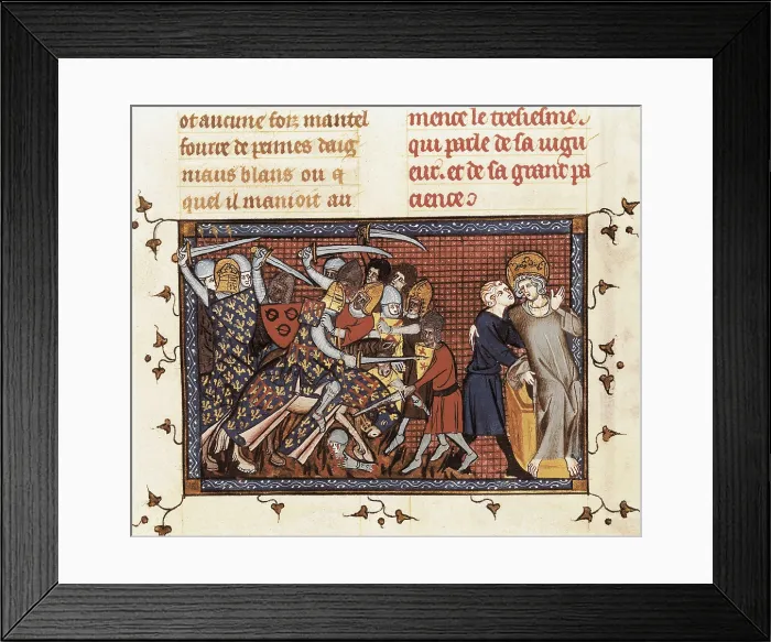 Framed Print : Seventh Crusade (1248-1254). Battle of Mansura (1250). Louis IX and Ysembart le Queu. Fol. 199 of the 'Life and Miracles of Saint Louis' by Guillaume de Saint-Pathus (c) Framed Print : Seventh Crusade (1248-1254). Battle of Mansura (1250). Louis IX and Ysembart le Queu. Fol. 199 of the 'Life and Miracles of Saint Louis' by Guillaume de Saint-Pathus (c)