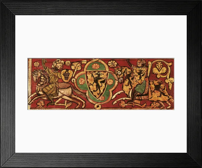Framed Print : Scene of a medieval fight between two knights. ca. 1300. Detail. Joint panel between main beams. Work from the roof of the palace placed at Montcada street. Tempera on wood