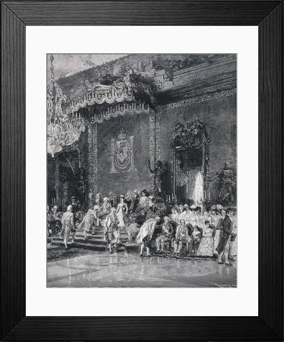 Framed Print : Spain. Kingdom of Carlos IV (1804). Hand-kissing in the Royal Palace of Madrid. Engraving after a painting by Luis Alvarez (1901). Etching Framed Print : Spain. Kingdom of Carlos IV (1804). Hand-kissing in the Royal Palace of Madrid. Engraving after a painting by Luis Alvarez (1901). Etching