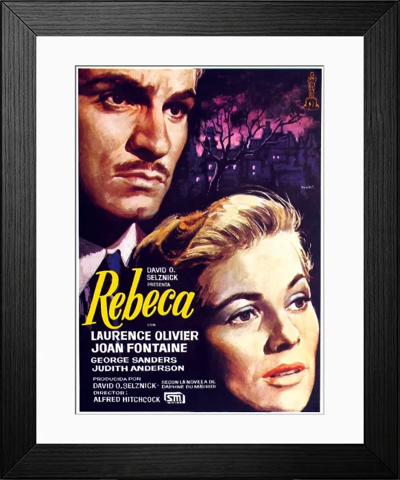 Framed Print : REBECCA, (aka REBECA, its title in Spain); top left: Laurence Olivier; bottom right: Joan Fontaine; Spanish poster art, 1940 Framed Print : REBECCA, (aka REBECA, its title in Spain); top left: Laurence Olivier; bottom right: Joan Fontaine; Spanish poster art, 1940