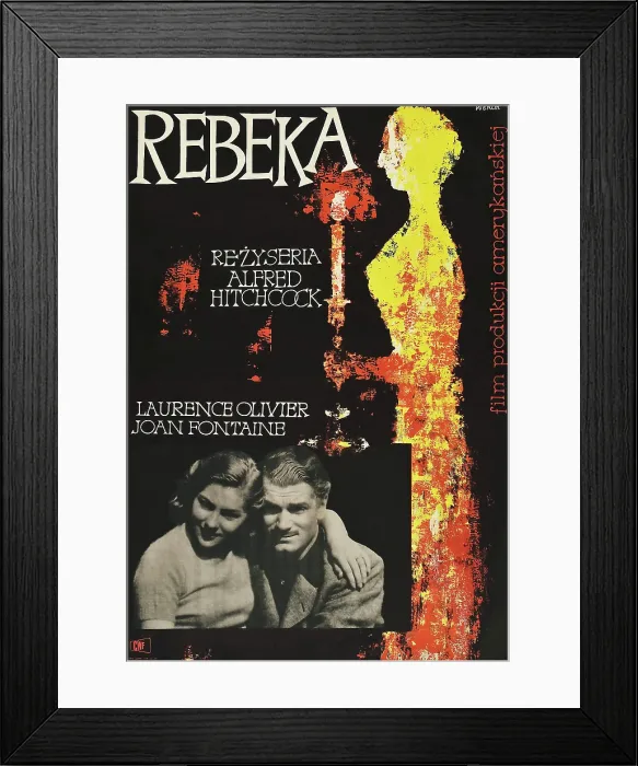 Framed Print : REBECCA, (aka REBEKA), bottom l-r: Joan Fontaine, Laurence Olivier on Polish poster art, 1940
